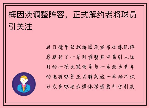 梅因茨调整阵容，正式解约老将球员引关注